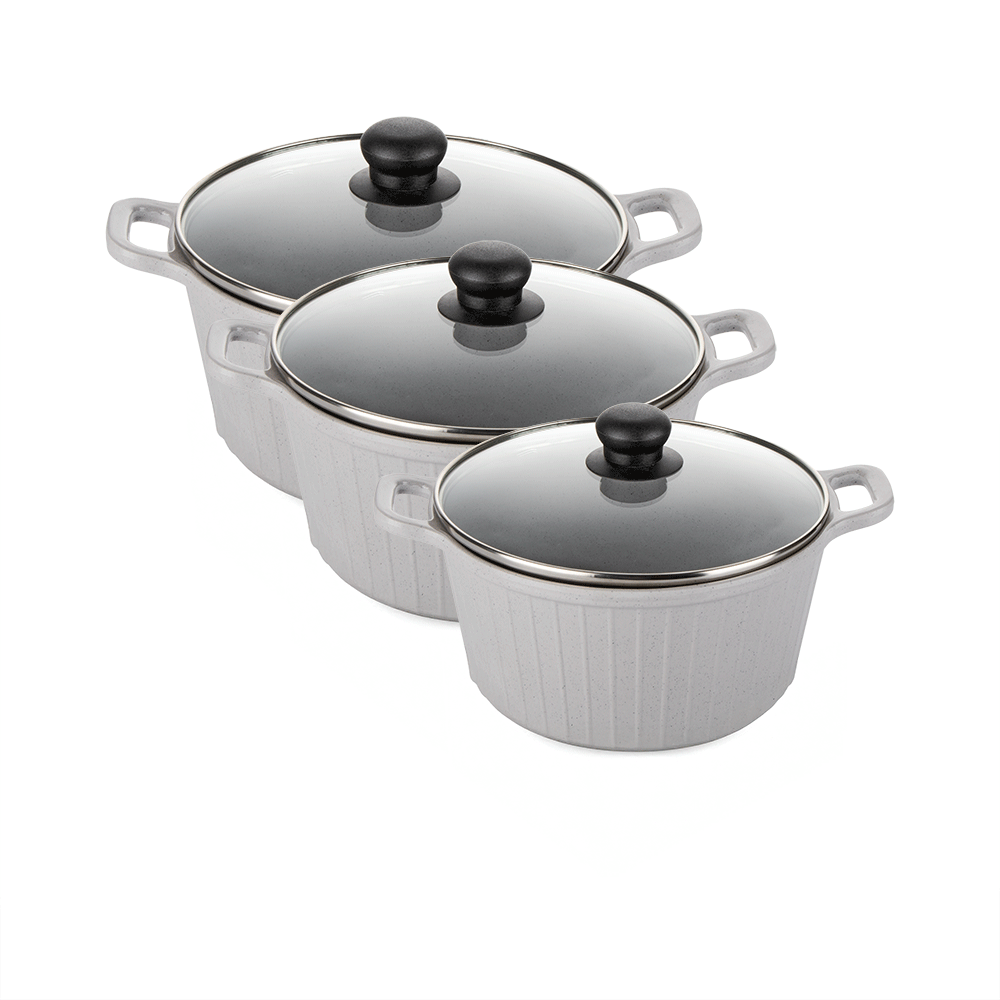 طقم قدور ميلامين بغطاء زجاجي رمادي - 3 قطع