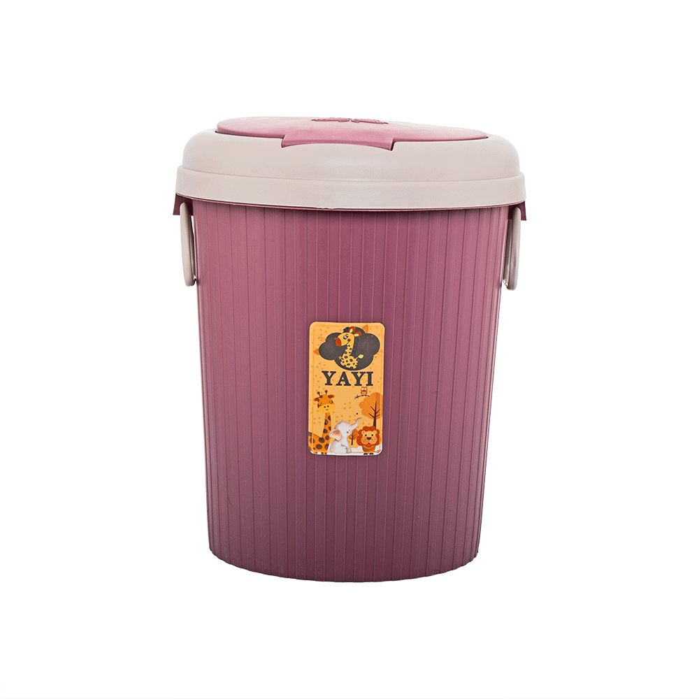 سلة مهملات بلاستيكية بغطاء شكل اسطواني - وردي