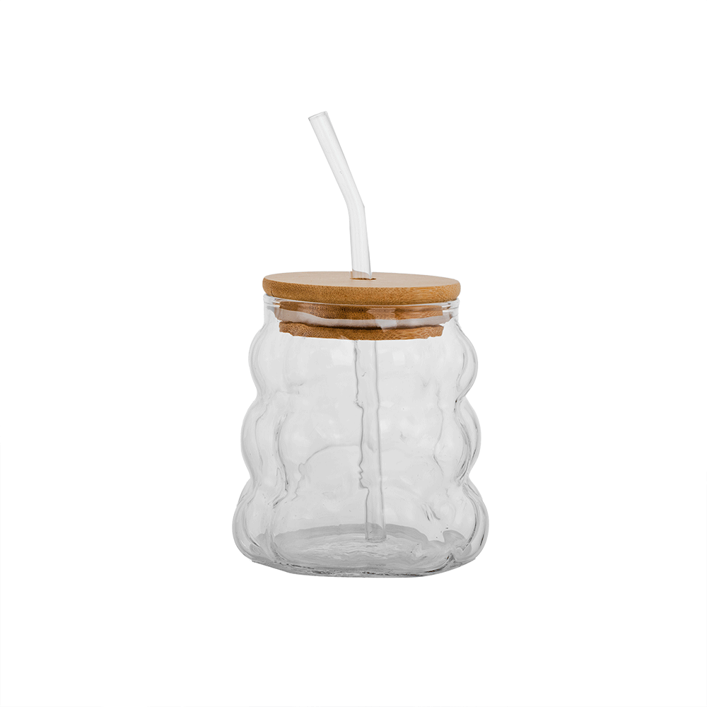 كوب زجاجي بغطاء خشبي ومصاصة سعة 250 مل - شفاف 