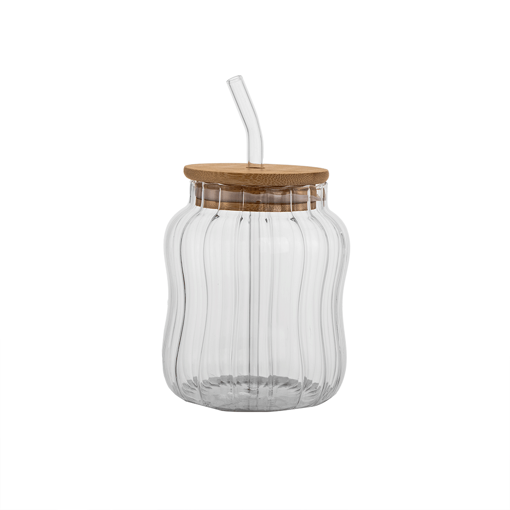 كوب زجاجي أسطواني مخطط بغطاء خشبي ومصاصة سعة 300 مل - شفاف