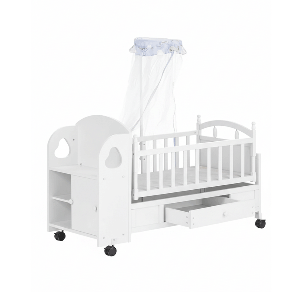  سرير أطفال خشبي هزاز قابل للتعديل مع درج وعجلات تحريك - أبيض