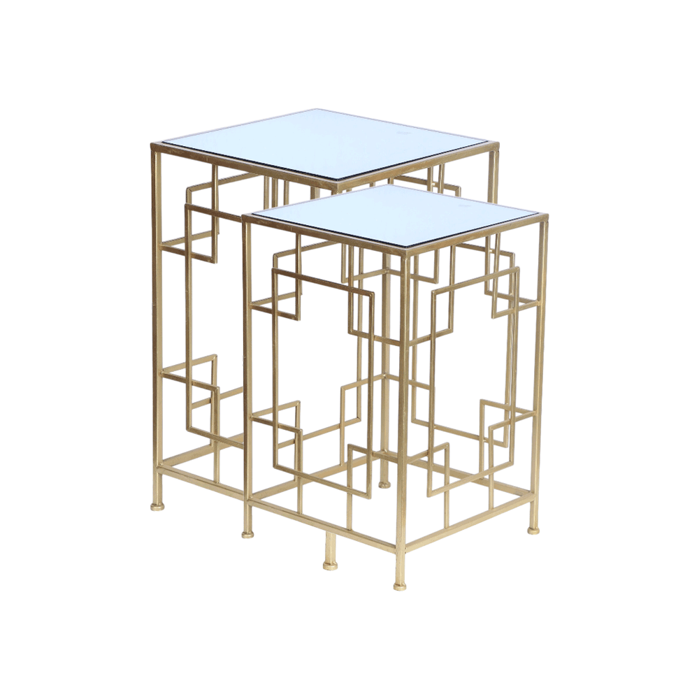 طقم طاولات جانبية مربعة  مذهّب وسطح مرآة –قطعتين