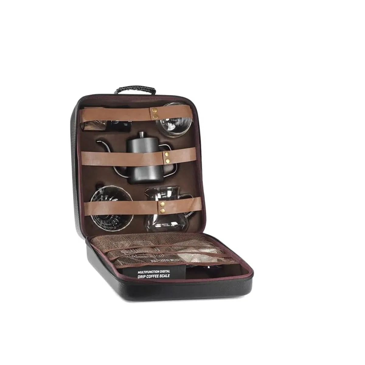 طقم حقيبة القهوة المختصة المتكاملة مع مطحنة وإبريق تقطير وميزان رقمي موديل V60  - أسود