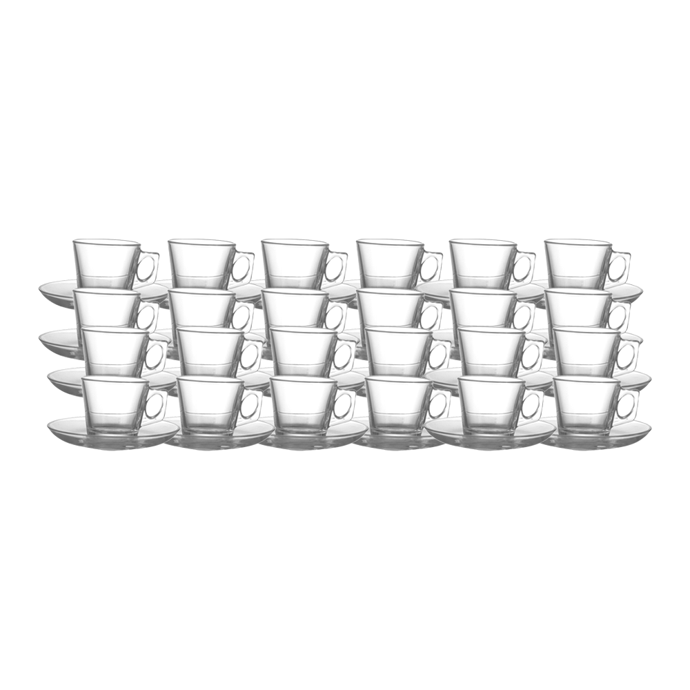 طقم كاسات شاي فيلا بمقبض جانبي وصحن  زجاجية صغير-24 قطعة