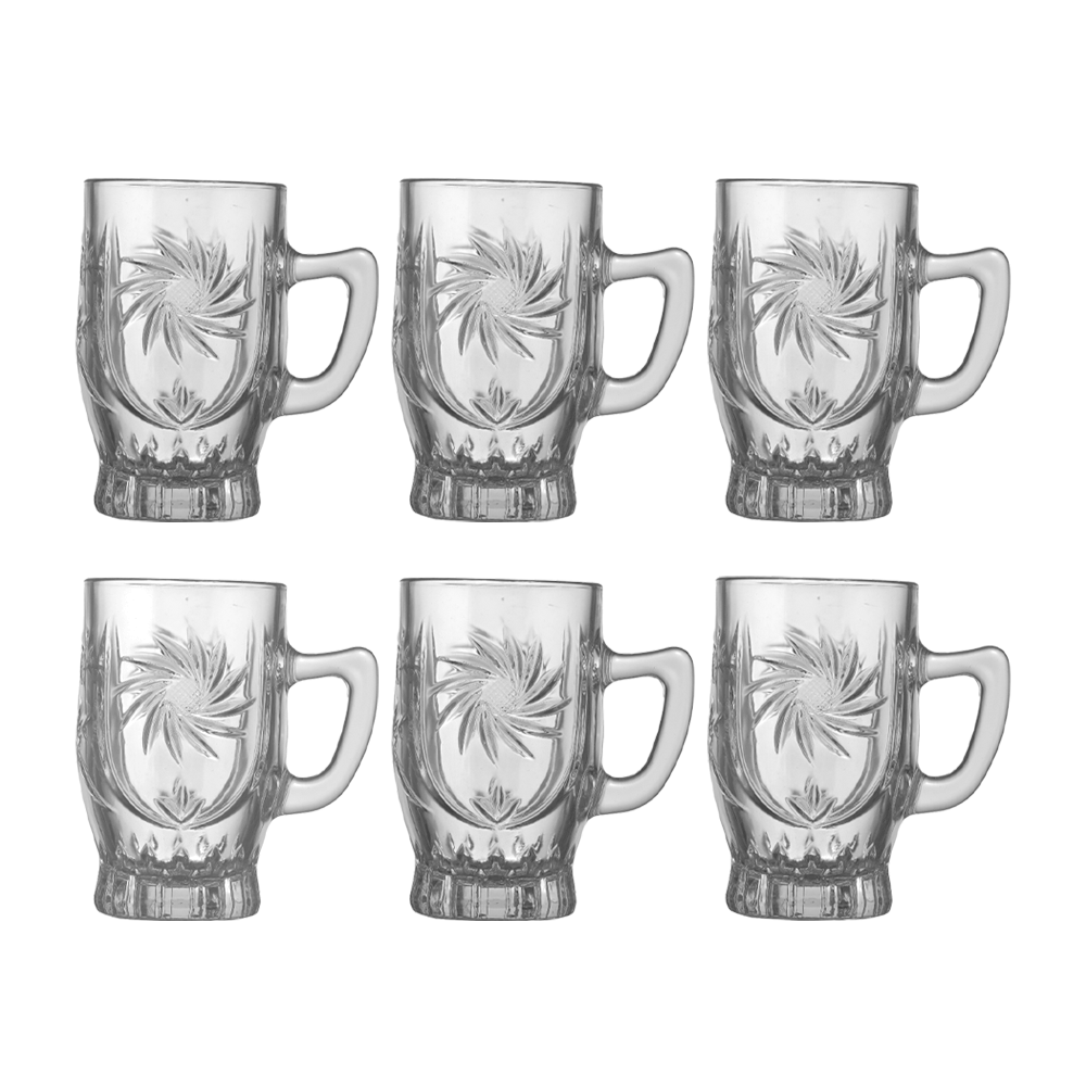 طقم كاسات شاي الماس  زجاجية بمقبض جانبي مزخرفة -6 قطع 