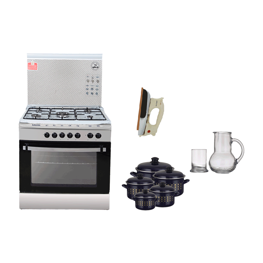 باكج يضم فرن كاستل 5 شعلات + كاوية ملابس سوكاني + أدوات مطبخ - 4 قطع 