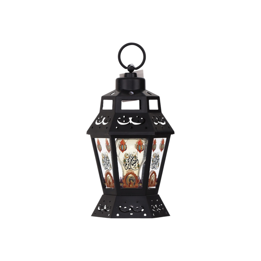 فانوس رمضان حديد أسود سداسي مزين بنقوش إسلامية مفرغة