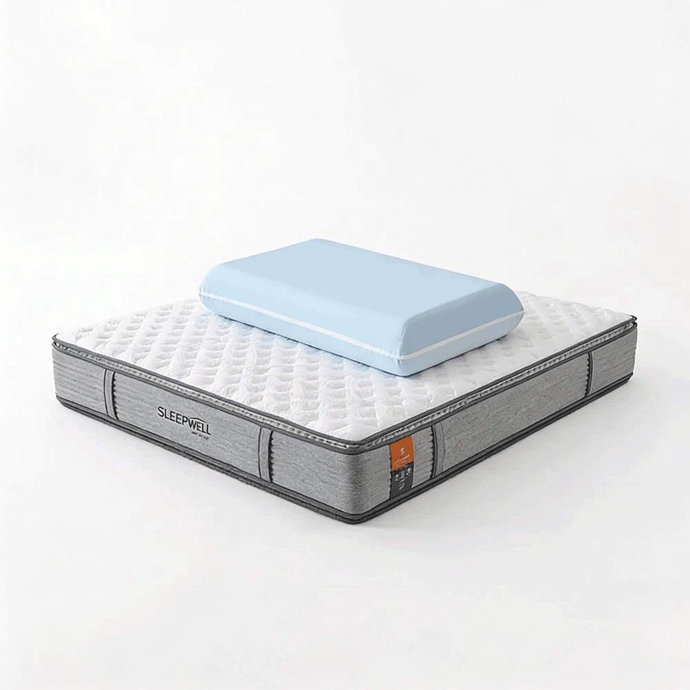 باكج مرتبة سليب ويل هوريزون طبقتين رمادي بلأضافة الى وسادة نوم سليب ويل ميموري فوم مزدوجة ازرق