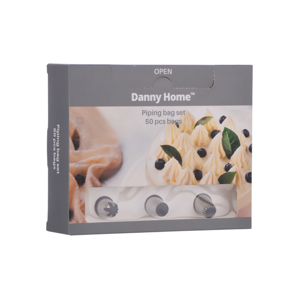 طقم أكياس تزيين الحلويات داني هوم مكون من 50 قطعة مع رؤوس تشكيل معدنية - فضي