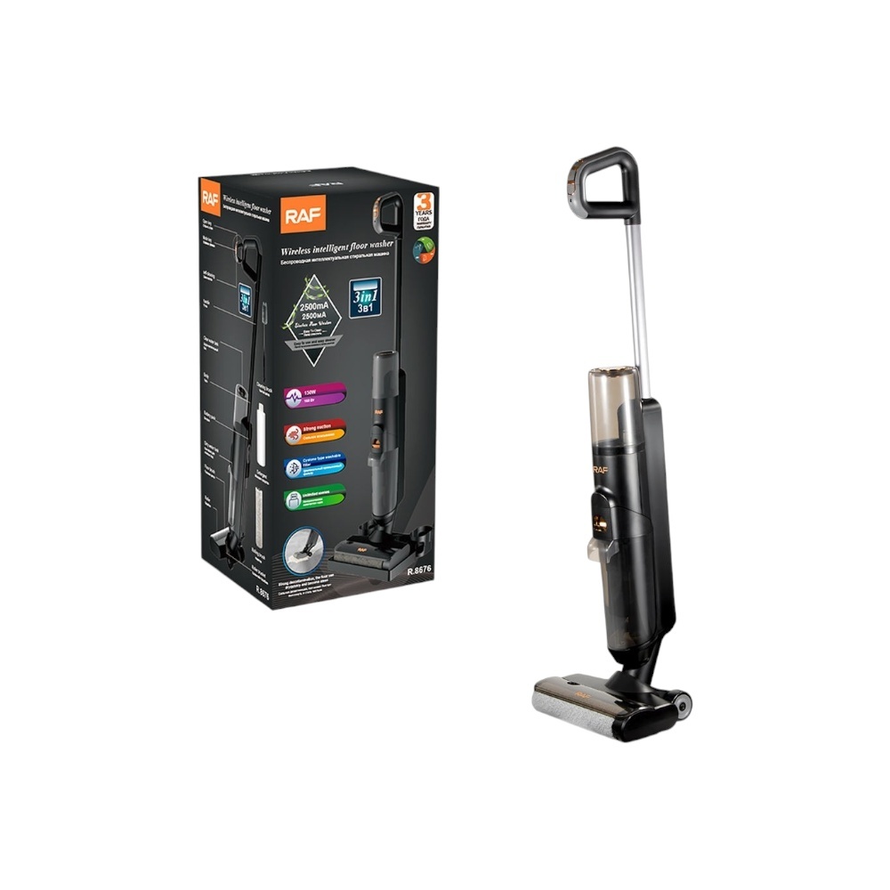 مكنسة وغسالة الأرضيات الذكية اللاسلكية راف 3 في 1 بقوة 150 وات وبطارية 2500 مللي امبير موديل R.8676 - رمادي