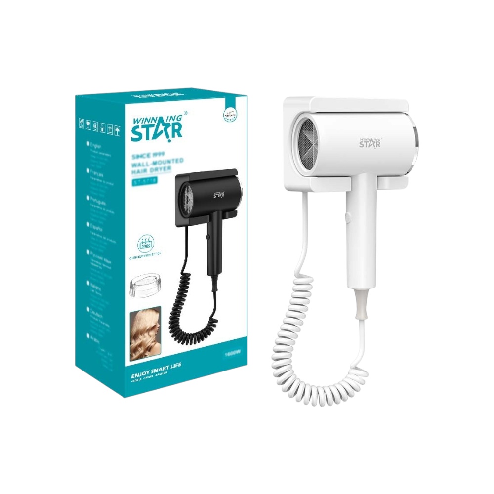 مجفف شعر وينينج ستار مثبت على الحائط بقوة 1600 واط وتقنية درجة الحرارة الثابتة موديل ST-5718 - أبيض