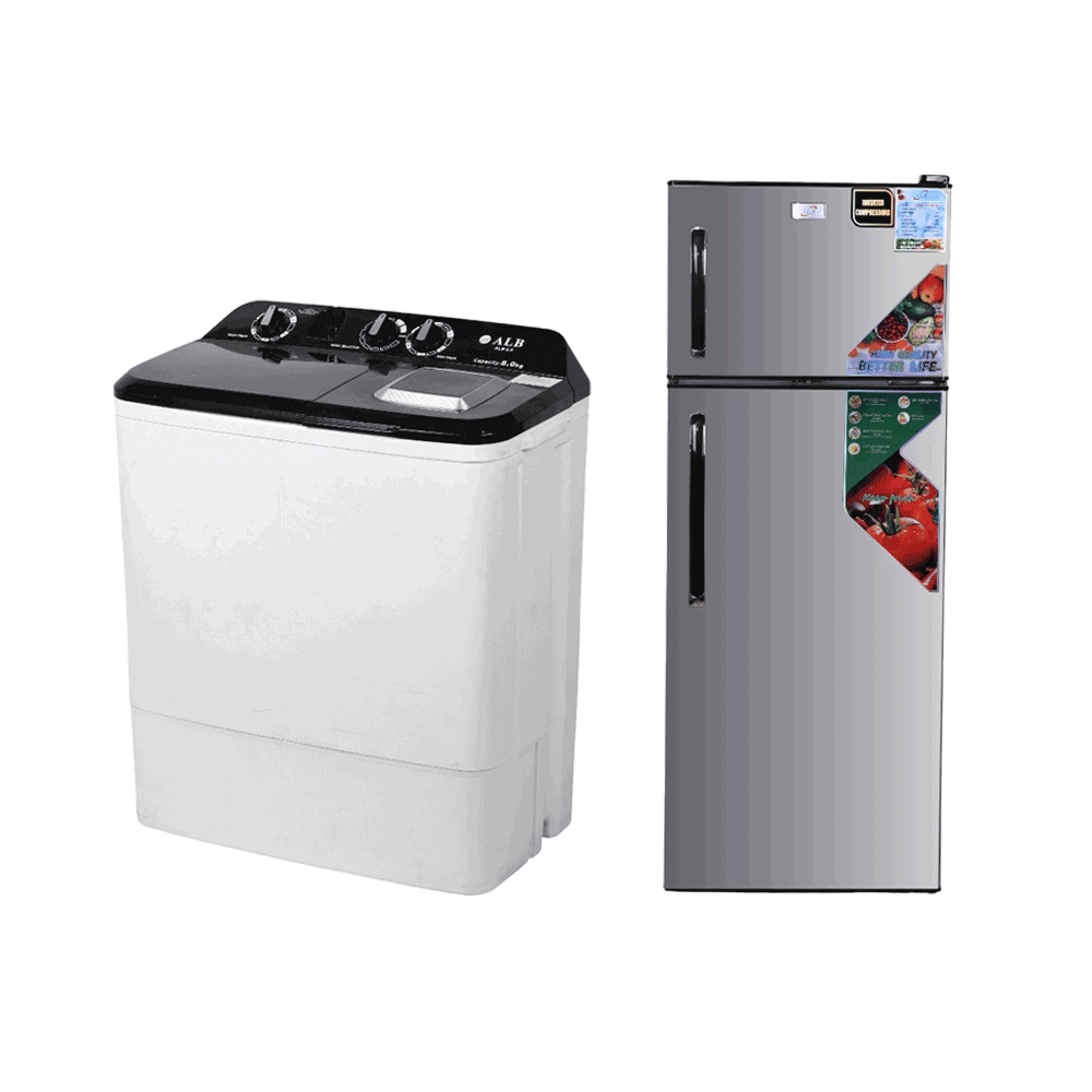 باكج ثلاجة إنفيرتر بسعة 225 لتر وقوة 60 وات موديل ALB-NVR 29 + غسالة حوضين بسعة 8 كجم قوة 220 وات موديل 8.0