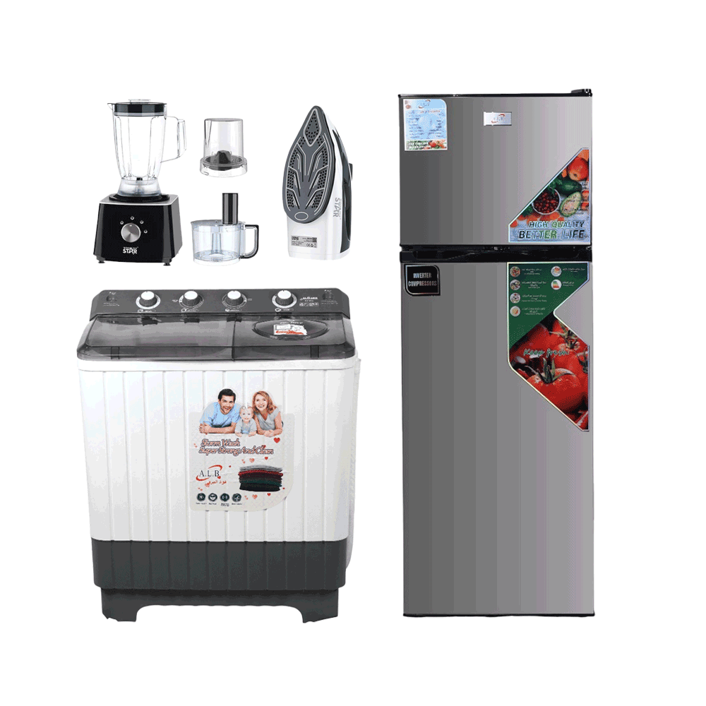 باكج غسالة البرق بسعة 12 كجم موديل WS 12 KG + محضرة 10*1 موديل ST-5583 + ثلاجة إنفرتر موديل ALB-NVR 19 + مكواة موديل ST-5313