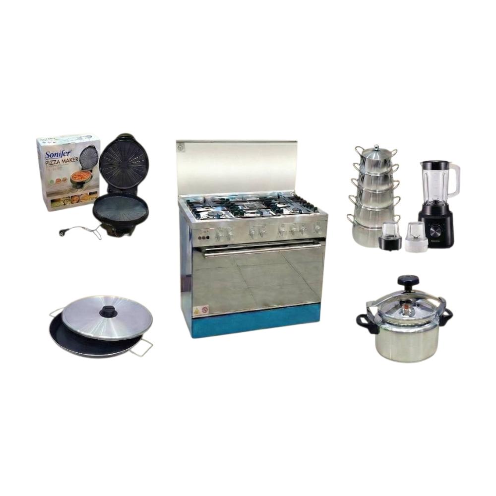 مجموعة المطبخ المتنوعة من طباخ غاز (بوتجاز) + صانعة بيتزا + قدر قلاية + طقم قدور 5 حبات ستانلس ستيل. + ضغاط  + خلاط 