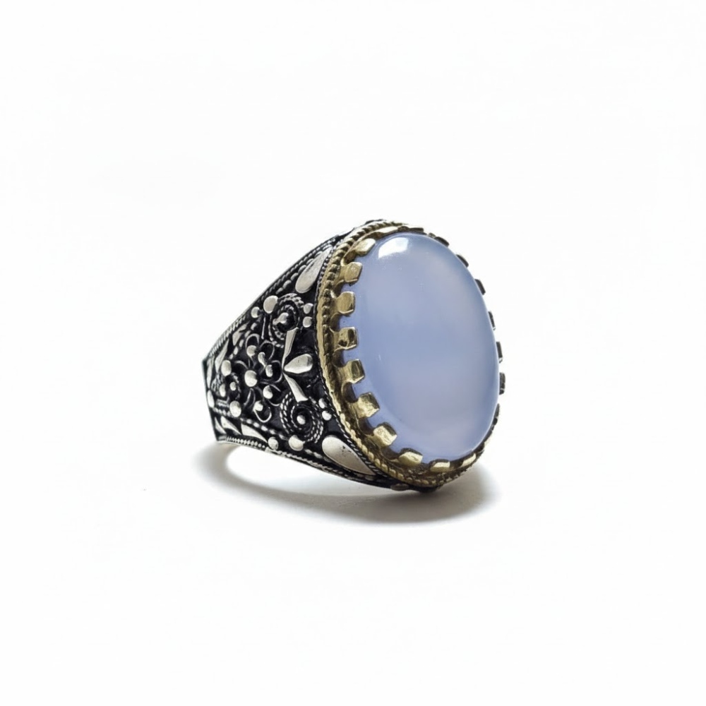 خاتم فضه عيار  925 عقيق يماني سماوي