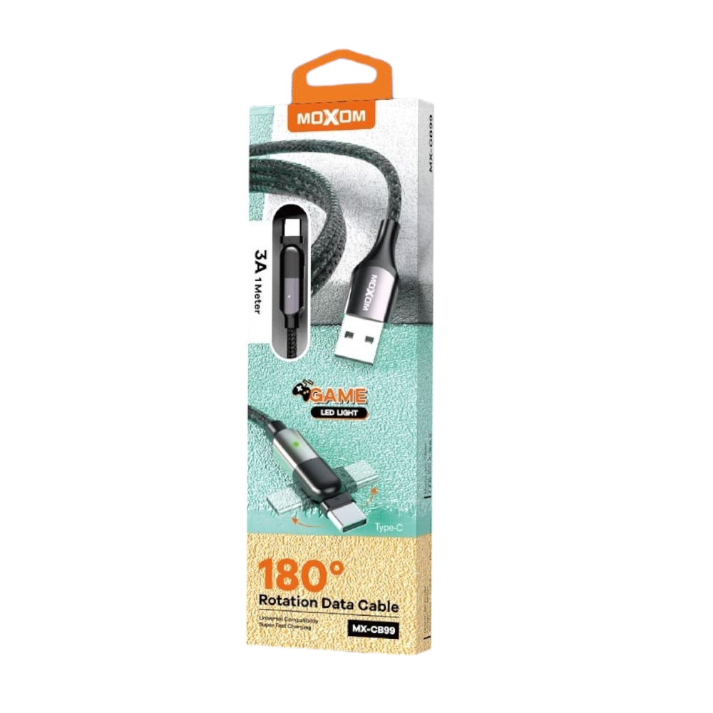 موكسوم وصلة شحن/بيانات 3 امبير قماشية زاوية متحركة 180°بمؤشر LED تايب سي موديل CB99 - اسود