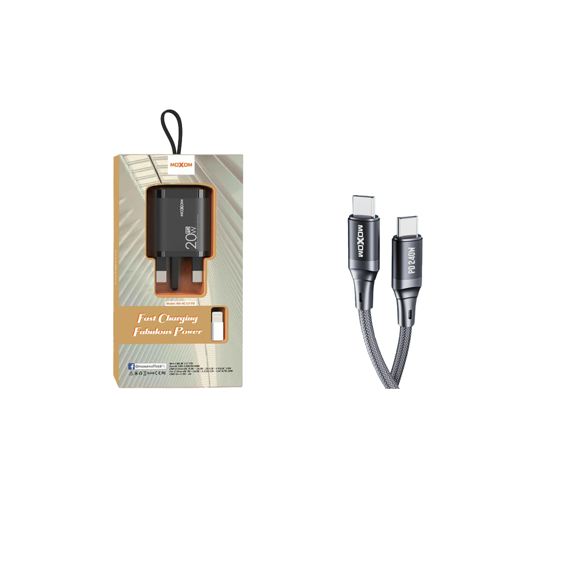 موكسوم رأس شاحن بقوة 20 وات مع وصلة PD موديل HC137+وصلة شحن و نقل بيانات سوبر فاست PD 3.1 قوة 240 وات تايب سي إلى تايب سي طول 1.2 متر موديل CB158