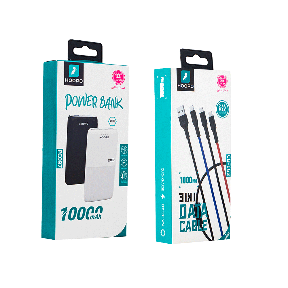 هوبو باور بانك مزدوج بقوة 10000 مللي أمبير PC160 + كابل بيانات 3*1 متعدد المخارج موديل CB-163 