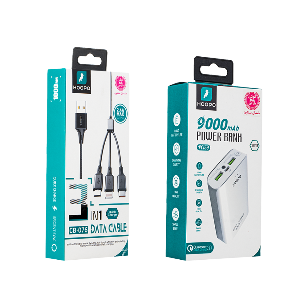 هوبو باور بانك مزدوج بقوة 9000 مللي أمبير PC159 +كابل نقل بيانات 3*1 متعدد المخارج موديل CB-076 