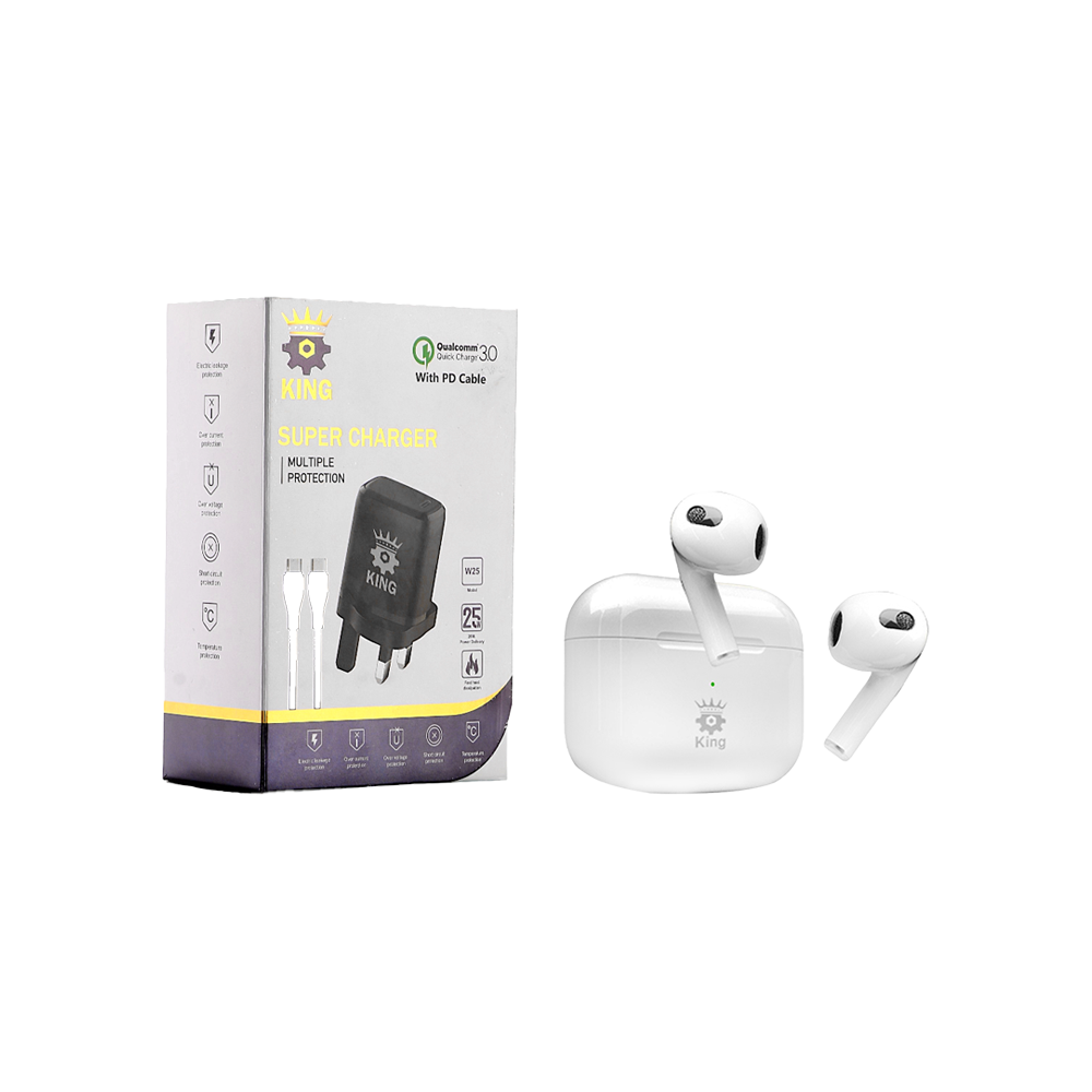 الملك سماعات أذن بلوتوث ليت بودز موديل KING Ultra + شاحن يو اس بي 25 وات تايب سي موديل W25
