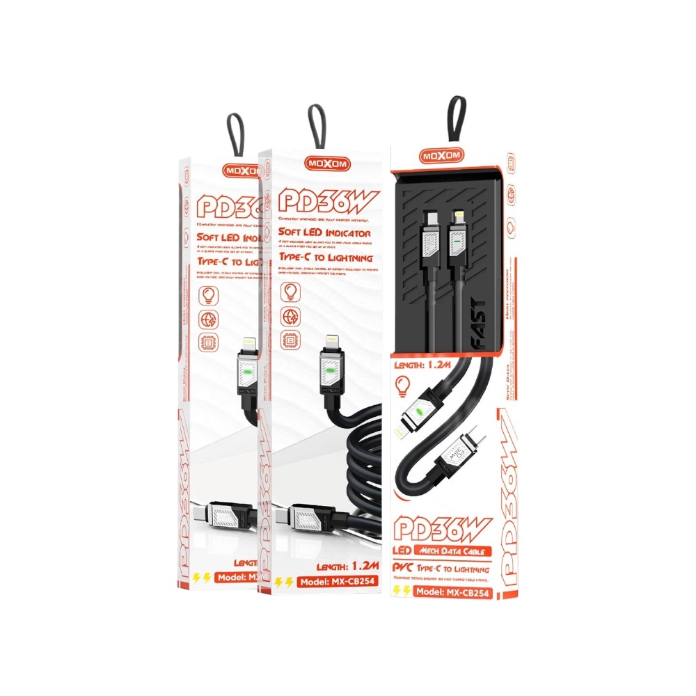 موكسوم كابل شحن سريع PD بقوة 36 وات تايب سي إلى لايتنينج موديل MX-CB254 - أسود