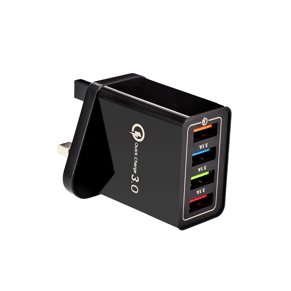 شاحن جداري فائق السرعة بأربعة مخارج 3.0 أمبير - أسود