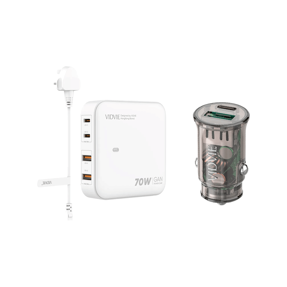  فيدفي شاحن سيارة صغير شفاف بمنفذ PD موديل CC534 + شاحن جداري GaN مكتبي بقوة 70 وات و 4 منافذ موديل PLB159 
