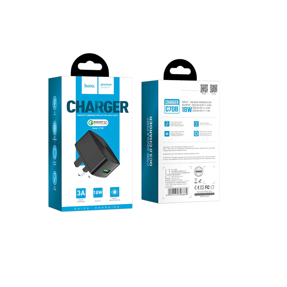 هوكو شاحن جداري بمنفذ واحد QC3.0 قوة 18 وات موديل C70B - أسود