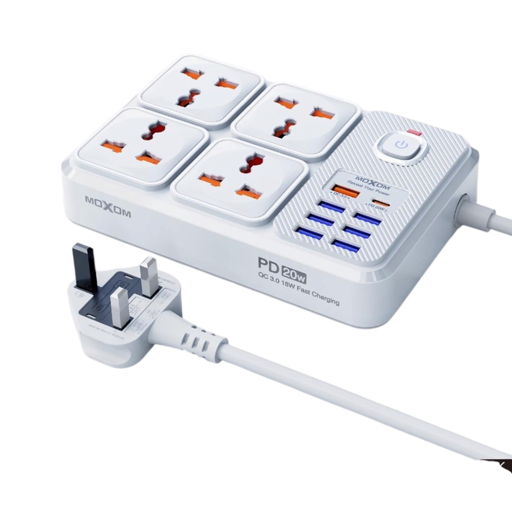 موكسوم توصيلة كهرباء بأربعة مقابس و 7 منافذ شحن يو إس بي  و منفذ بي دي موديل ST15 - أبيض