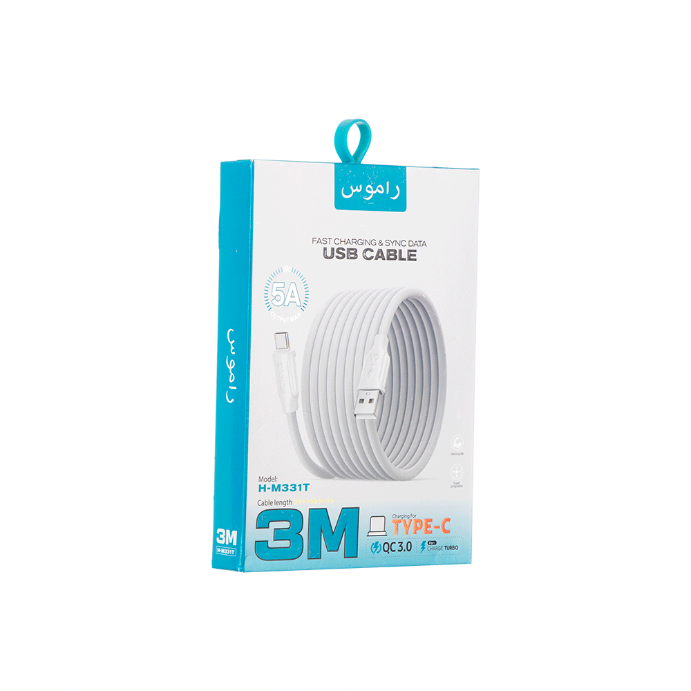 راموس كابل بيانات وشحن تايب سي بطول 3 متر موديل H-M331T - أبيض