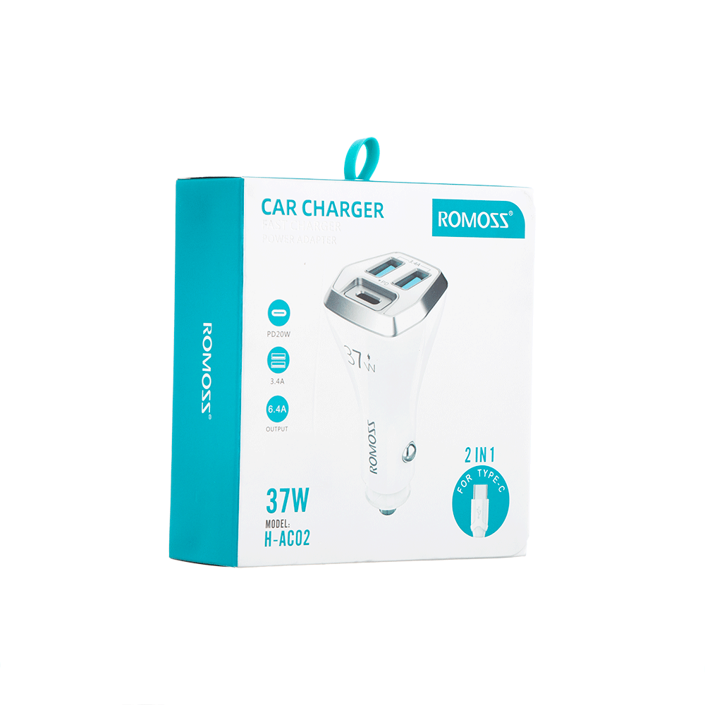 راموس شاحن سيارة ثلاثي المنافذ 37 وات موديل H-AC02 - أبيض