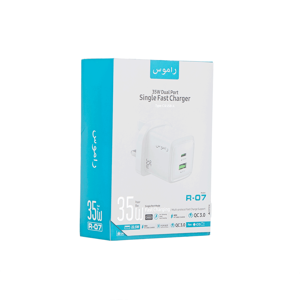 راموس شاحن جداري سريع بقوة 35 وات بمنفذين موديل R-07 - أبيض