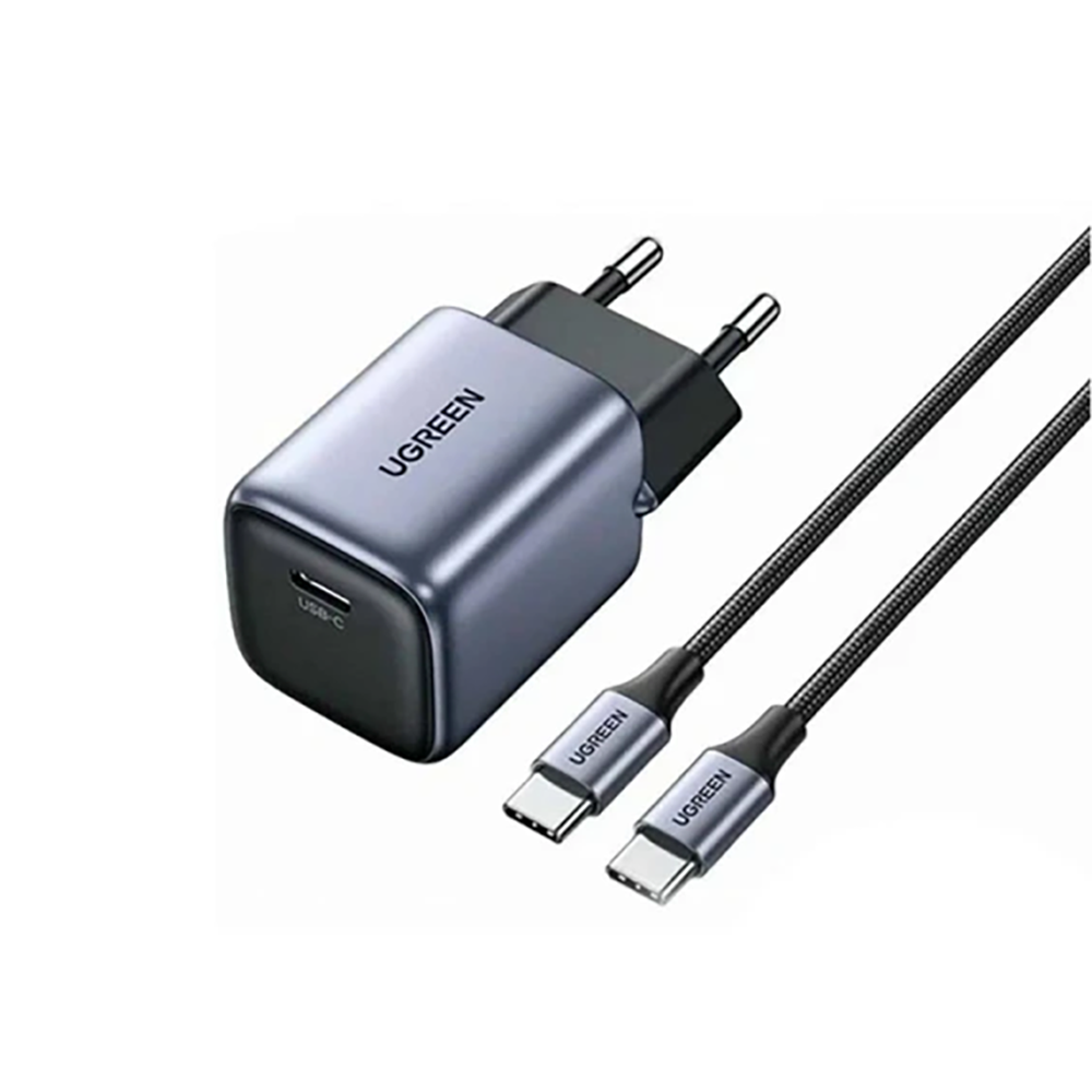 يوجرين راس شاحن مع كابل شحن بقوة 30 واط يدعم الشحن السريع بمنفذ كهرباء ثنائي - أزرق غامق