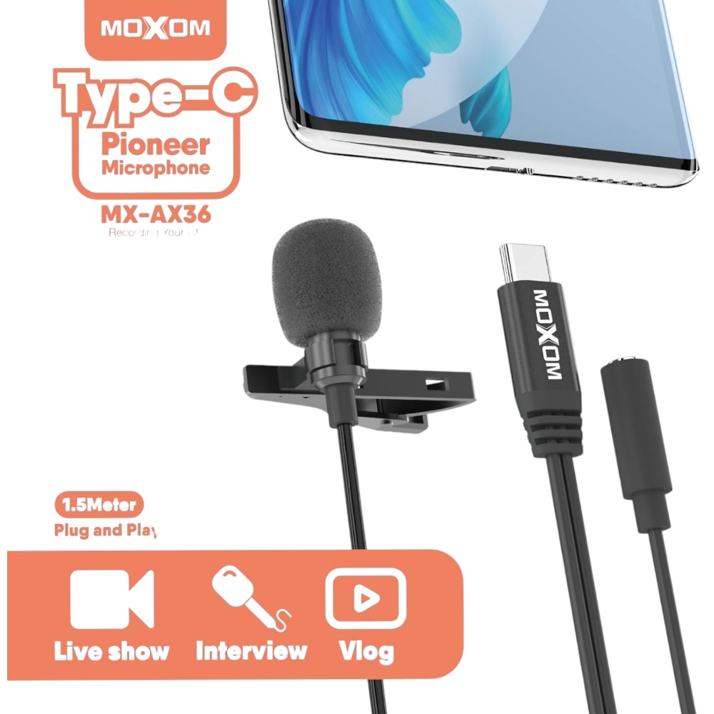 موكسوم مايك سلكي منفذ تايب سي مع منفذ للسماعة موديل MX-AX36 - أسود