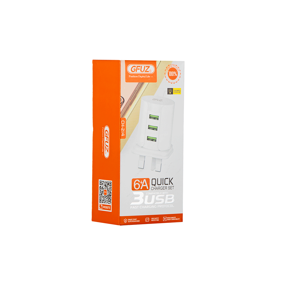 جي فوز شاحن جداري بقدرة 6 أمبير مع 3 مخارج يو إس بي ودعم الشحن السريع - موديل CH-214