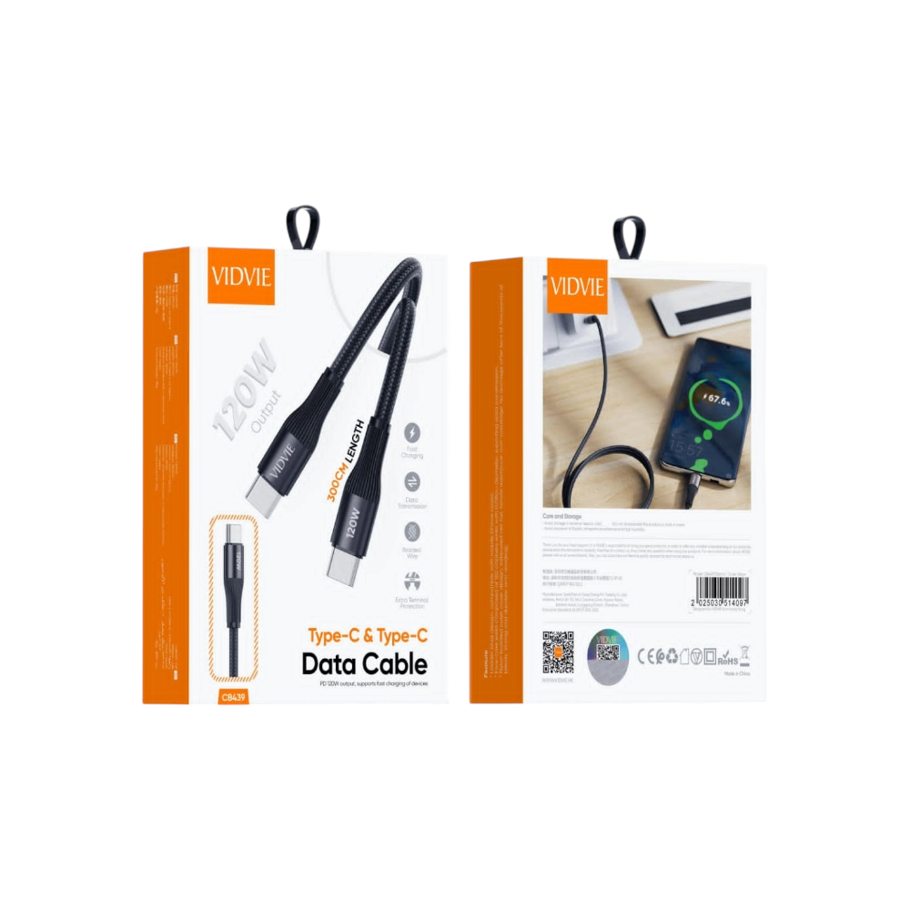 فيدفي كابل شحن تايب سي إلى تايب سي قماشي مضفر بقوة 120 وات 3 متر - أسود