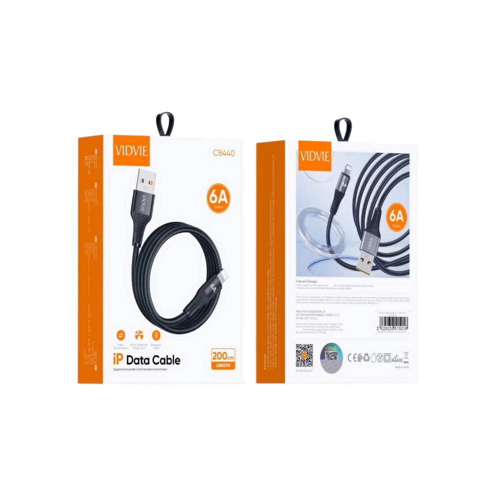 فيدفي كابل شحن يو اس بي لايتنينج قماشي 6 امبير 2 متر - أسود