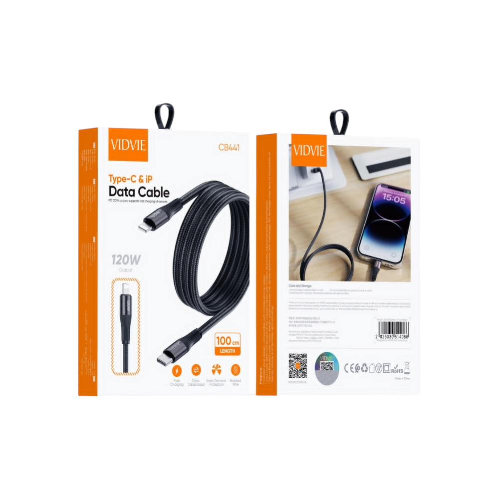 فيدفي كابل شحن قماش تايب سي  لايتنينج 120 وات 1 متر - أسود