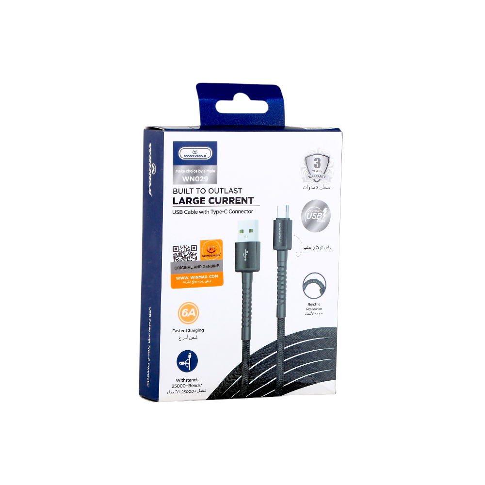 وينماكس كابل شحن يو اس بي تايب سي بقوة 6 امبير وطول 1 متر  موديل WN029