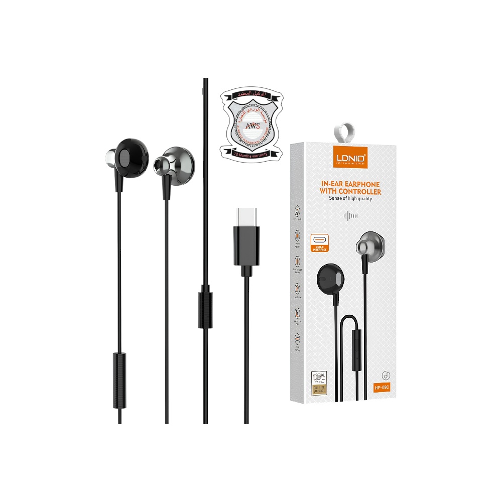 لدنيو سماعة أذن سلكية بمنفذ تايب سي موديل HP08C - أسود