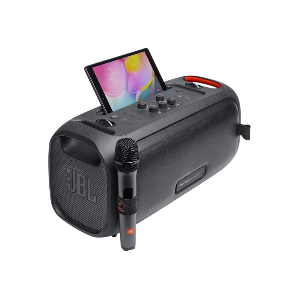 مكبر صوت جي بي إل بقوة 100 وات مع ميكروفون لاسلكي وإضاءة ديناميكية موديل PartyBox On-The-Go - أسود

