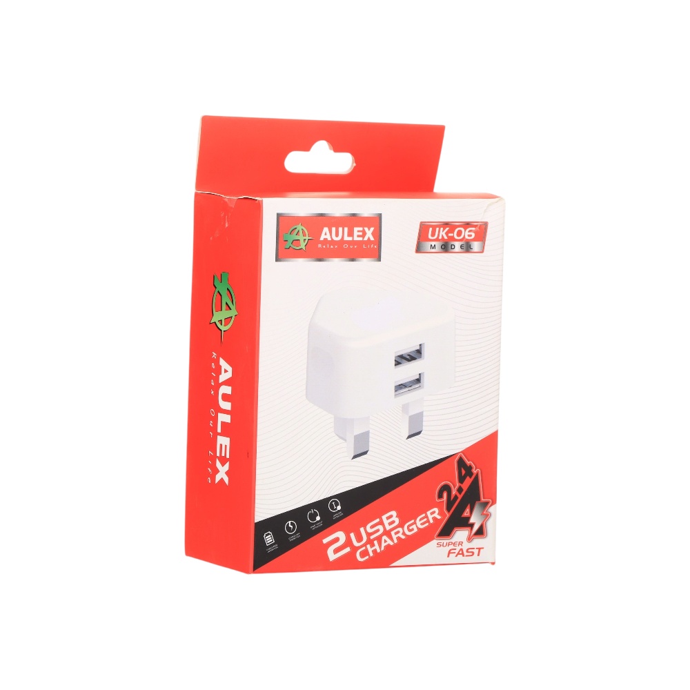  شاحن جداري اوليكس شحن سريع منفذين USB موديل UK-06 - أبيض