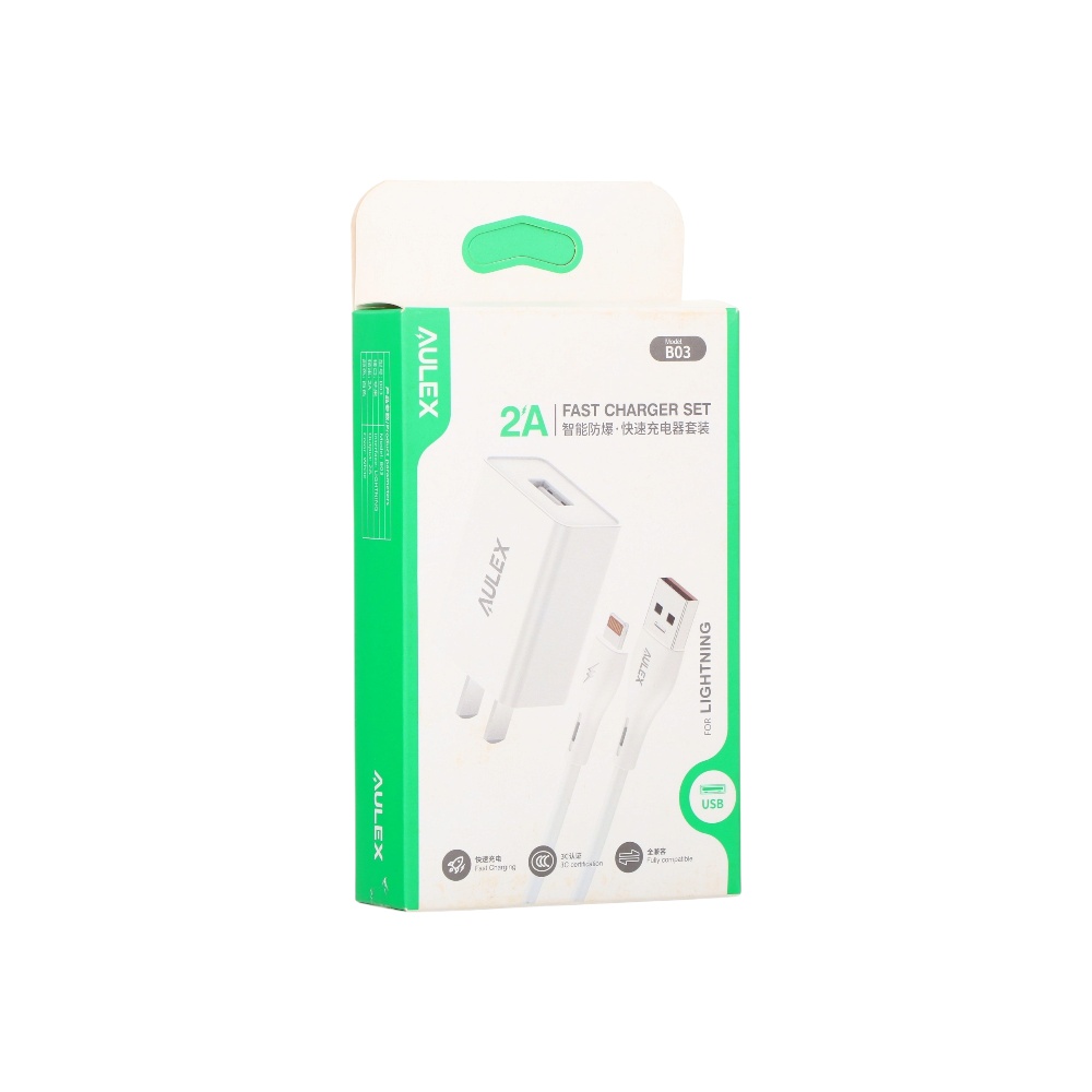  شاحن جداري اوليكس مع كابل لايتنينج 2 أمبير طقم شحن سريع موديل B03 - أبيض  