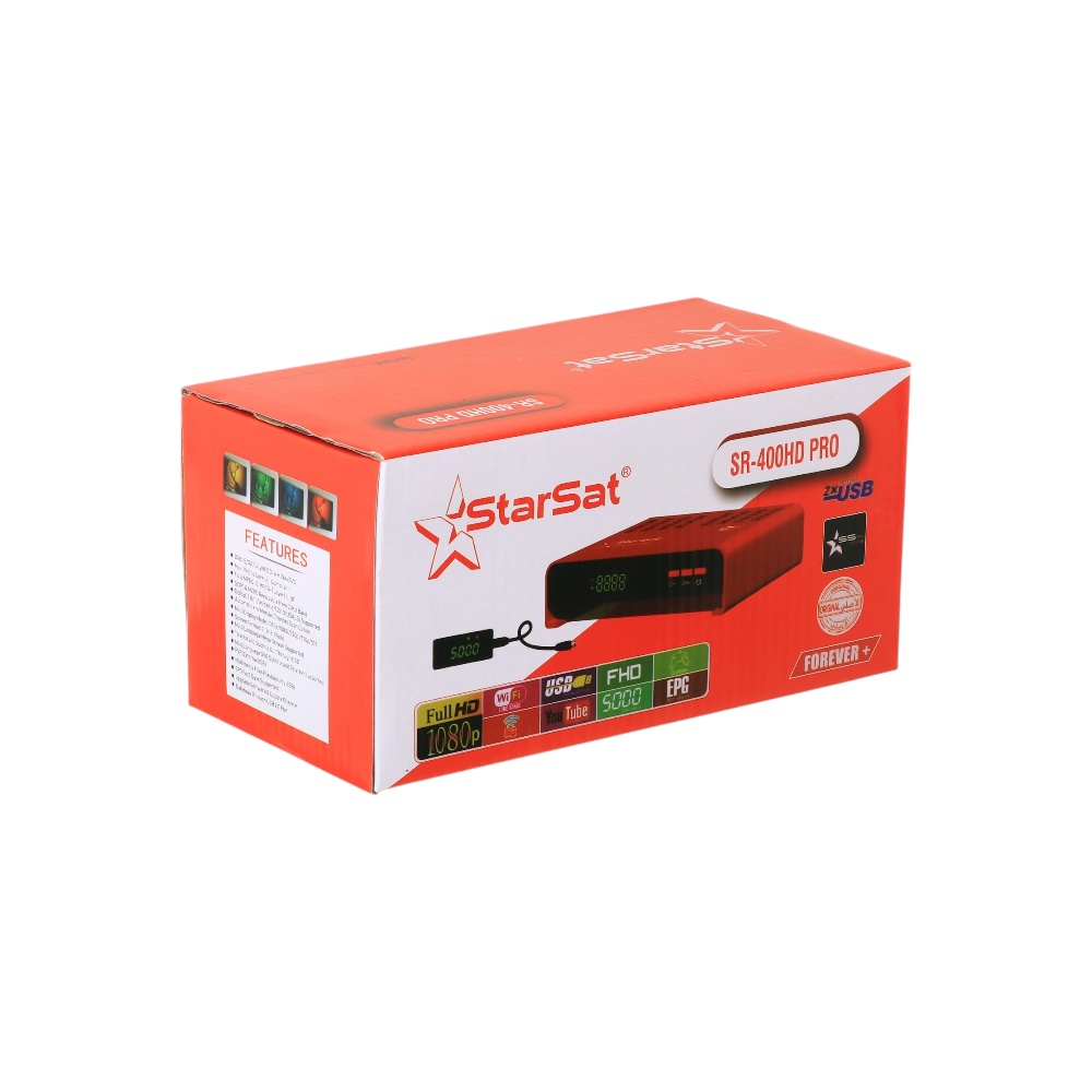 رسيفر ستار سات بجودة إتش دي مع دعم الواي فاي واليوتيوب وجهاز تحكم عن بعد موديل SR-400HD PRO - أحمر
