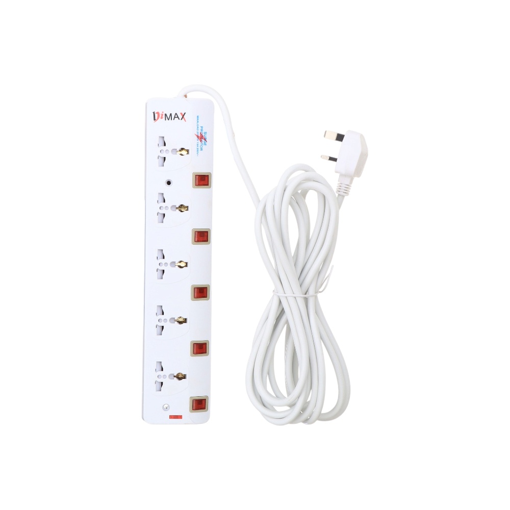 توصيلة كهرباء هاي ماكس مقاومة للإحتراق مع 5 مقابس وجهد 250 فولت وقوة 2000 واط وطول سلك 5 أمتار موديل 505 - أبيض
