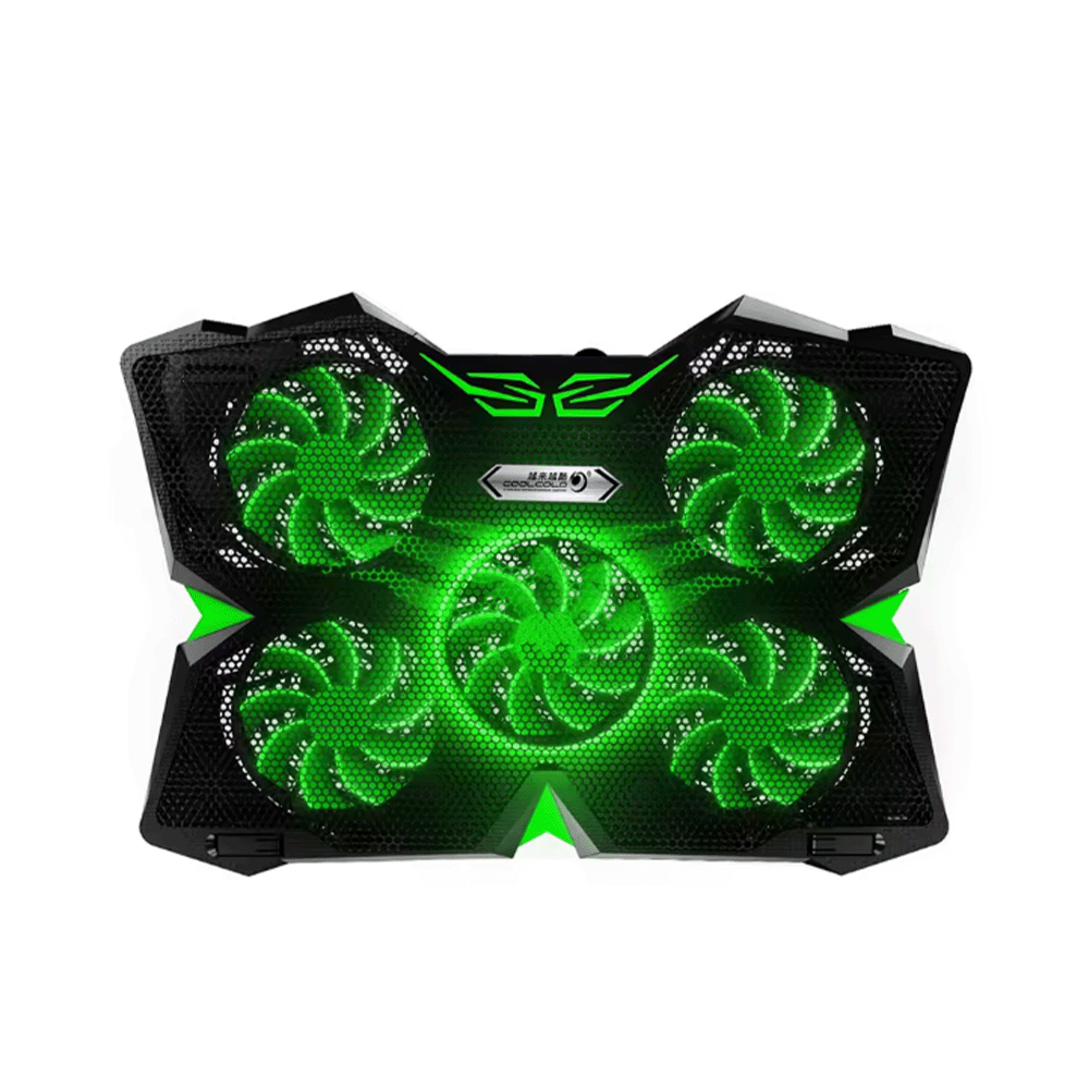 مراوح تبريد للابتوب USB 2.0 مقاس 12-17 بوصة مع 5 مراوح وإضاءة LED أخظر - أسود