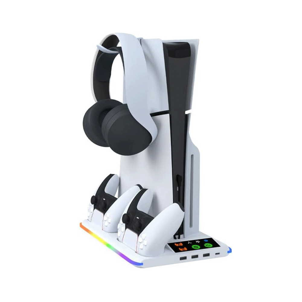 بينبينمول حامل عمودي لجهاز PS5/PS5 Slim مع مروحة تبريد وشحن وإضاءة RGB - أبيض