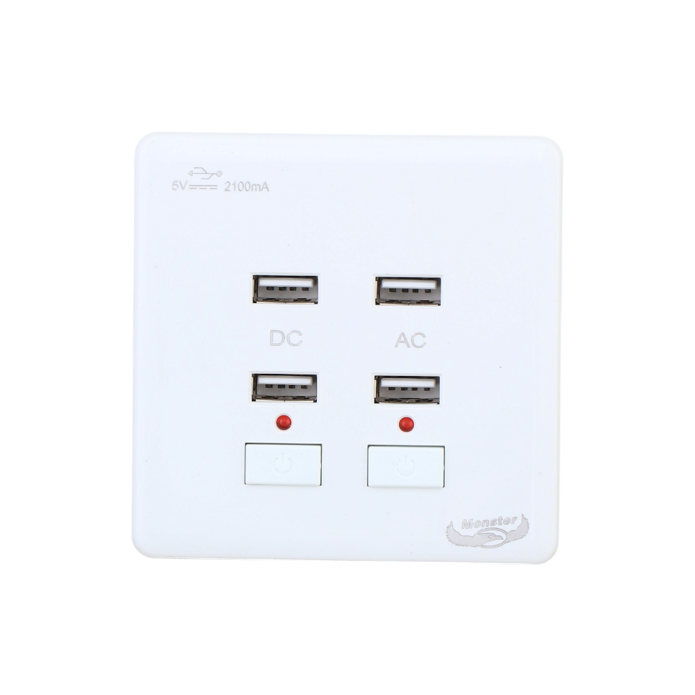 مقبس كهرباء مونستر بمنفذين DC ومنفذين AC مع أزرار فتح وغلق فردية 5 فولت 1000 مللي أمبير موديل M123 -أبيض