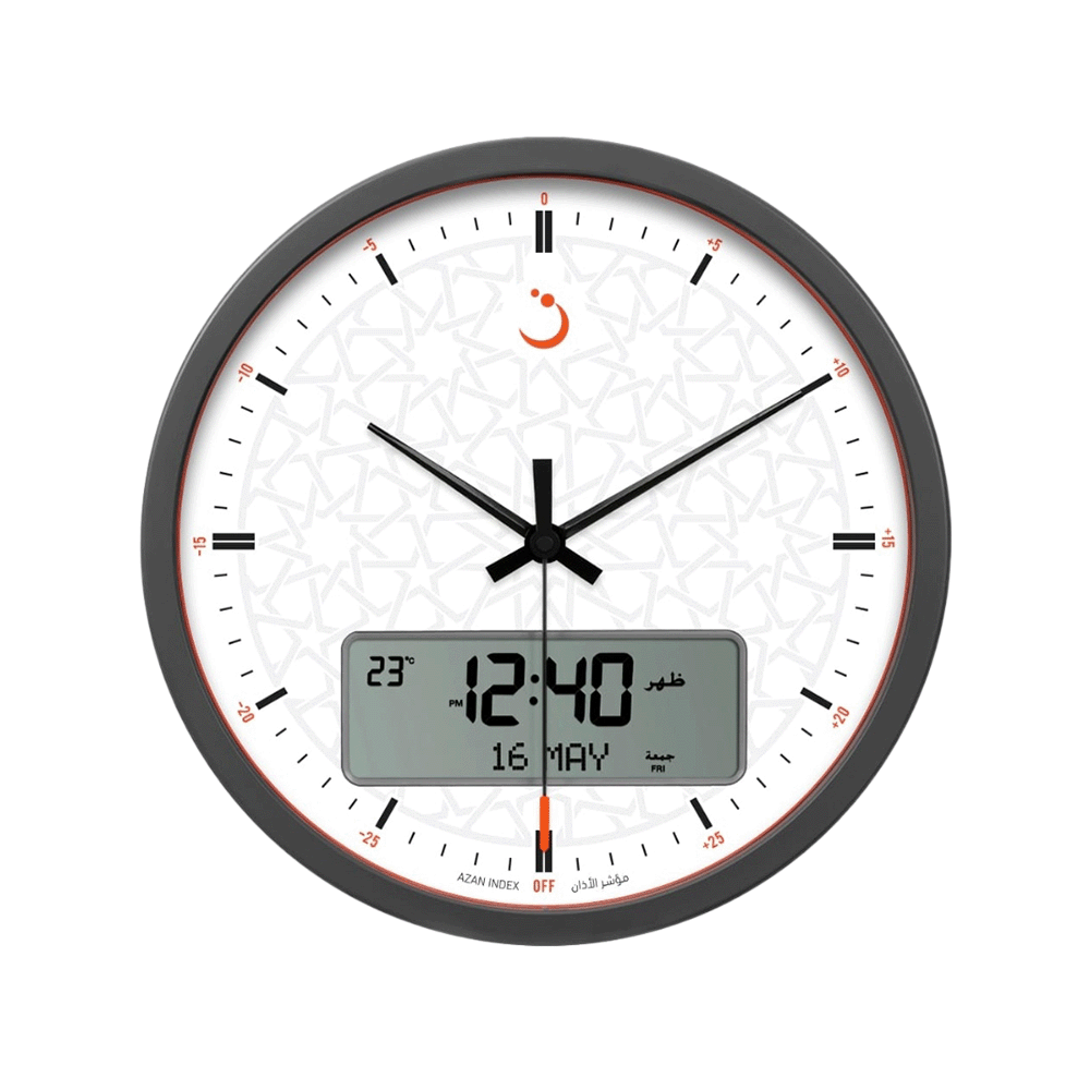 ساعة حائط الفجر  شكل دائري بعرض زمني مزدوج رقمي و تناظري  موديل CR-23- ابيض