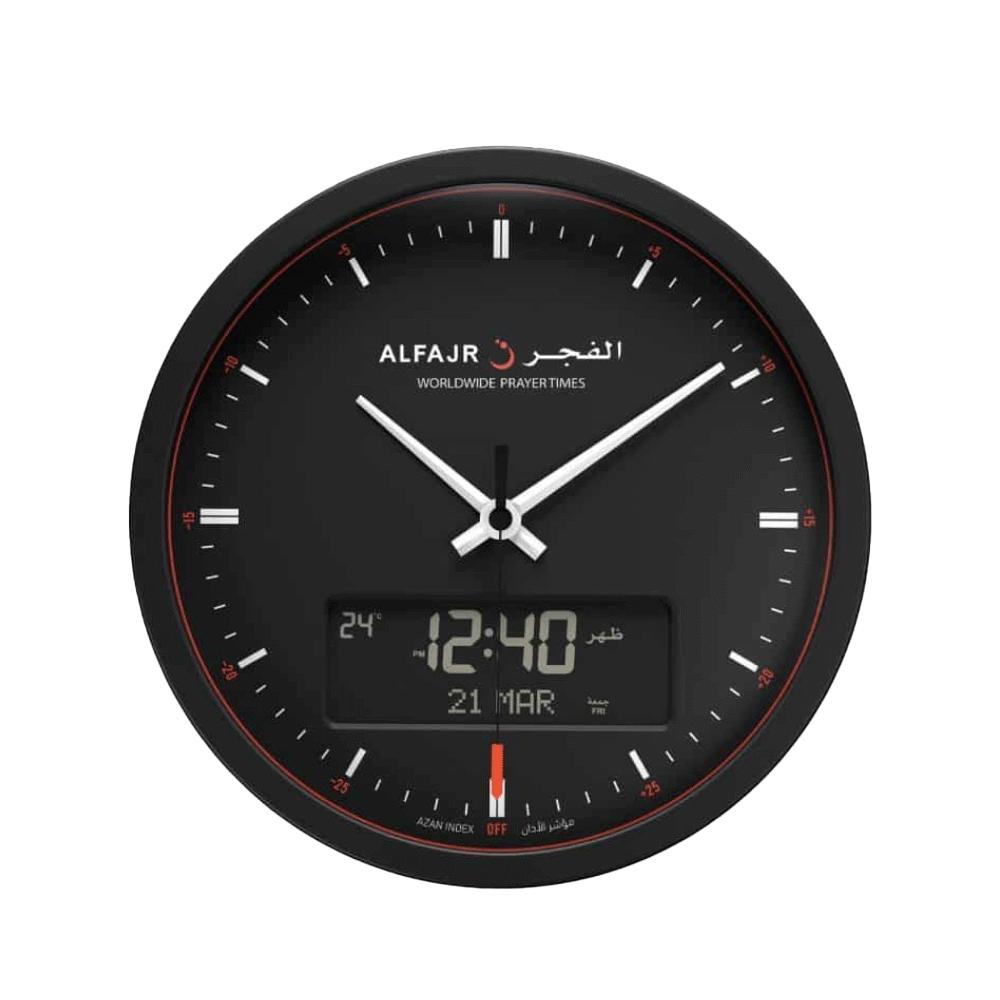 ساعة حائط الفجر شكل دائري بعرض زمني مزدوج رقمي و تناظري  موديل CR-23 -اسود